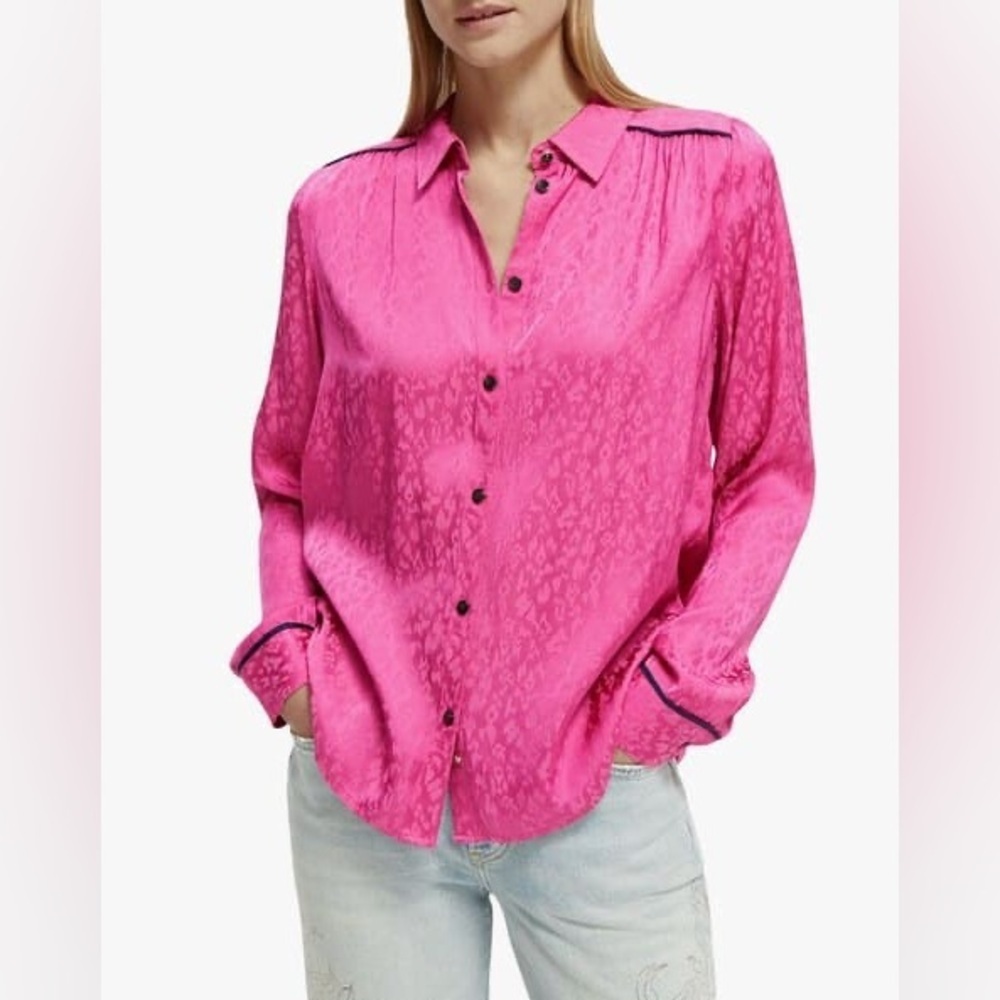 Scotch & Soda Pink Satin Jacquard Blouse Size 34 XS Leopard Button Front